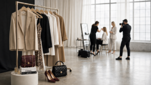 Fashion styling studio with clothing rack, accessories, and a creative team working during a photoshoot