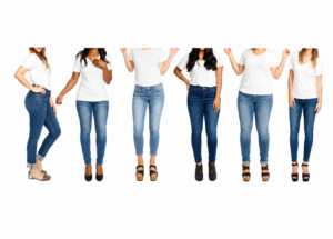 Six women of different body shapes wearing white T‑shirts and blue jeans, showing how denim fits on different figures